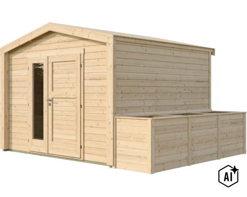 Holzgartenhaus mit Satteldach, Tür mit Glaseinsatz und seitlich angebautem Anbaukasten aus unbehandeltem Nadelholz. (Image AI modified or generated)