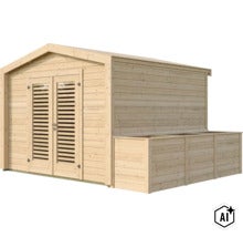 Gartenhaus aus Holz mit Doppeltür mit Lamellenfenstern und angebautem Unterstand für Mülltonnen. (Image AI modified or generated)
