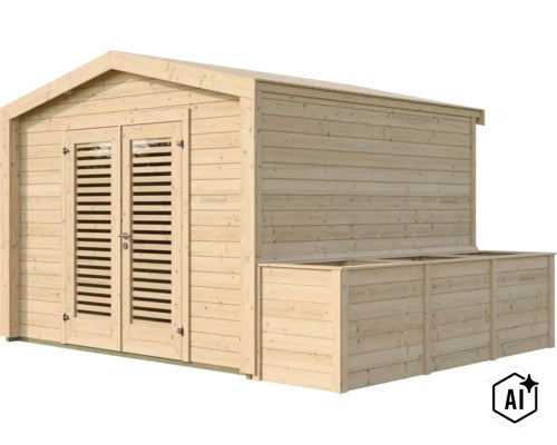 Gartenhaus aus Holz mit Doppeltür mit Lamellenfenstern und angebautem Unterstand für Mülltonnen. (Image AI modified or generated)