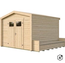 Gartenhaus aus Holz mit Doppeltür und integrierter Sitzbank an der Seitenwand (Image AI modified or generated)
