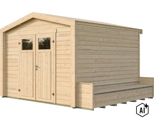Gartenhaus aus Holz mit Doppeltür und integrierter Sitzbank an der Seitenwand (Image AI modified or generated)