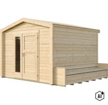 Gartenhaus aus Holz mit Satteldach und integrierter Sitzbank im Außenbereich (Image AI modified or generated)