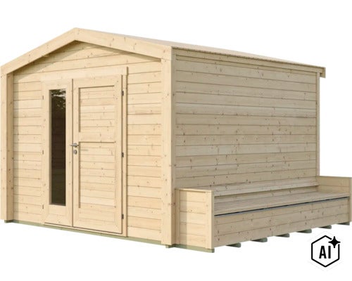 Gartenhaus aus Holz mit Satteldach und integrierter Sitzbank im Außenbereich (Image AI modified or generated)