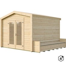 Gartenhaus aus Holz mit Satteldach, Doppeltür mit Lamellen und integrierter Sitzbank an der Seitenwand. (Image AI modified or generated)