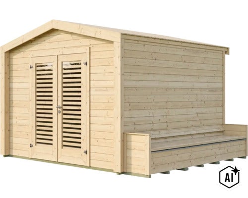 Gartenhaus aus Holz mit Satteldach, Doppeltür mit Lamellen und integrierter Sitzbank an der Seitenwand. (Image AI modified or generated)