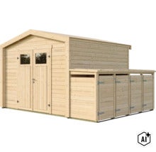 Gartenhaus aus Holz mit Doppeltür und angebautem seitlichem Geräteunterstand mit drei Türen für zusätzlichen Stauraum. (Image AI modified or generated)