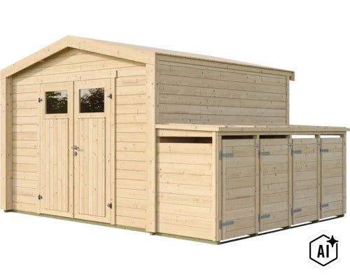 Gartenhaus aus Holz mit Doppeltür und angebautem seitlichem Geräteunterstand mit drei Türen für zusätzlichen Stauraum. (Image AI modified or generated)