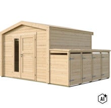 Gartenhaus aus Holz mit integriertem Anbau zur Lagerung von Brennholz oder Gartengeräten. (Image AI modified or generated)