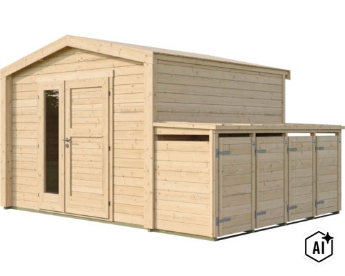 Gartenhaus aus Holz mit integriertem Anbau zur Lagerung von Brennholz oder Gartengeräten. (Image AI modified or generated)
