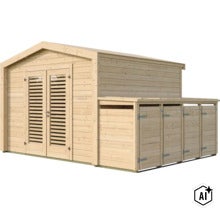 Gartenhaus aus Holz mit Doppelflügeltür und seitlichem Anbau mit mehreren Fächern zur Lagerung von Gartengeräten. (Image AI modified or generated)