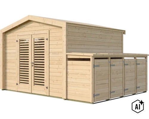 Gartenhaus aus Holz mit Doppelflügeltür und seitlichem Anbau mit mehreren Fächern zur Lagerung von Gartengeräten. (Image AI modified or generated)