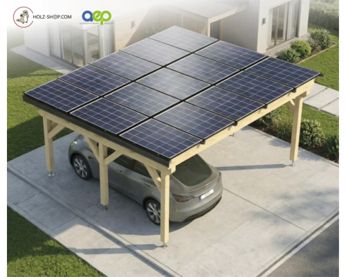 Moderner Holz-Carport mit einem Dach aus zwölf Solarmodulen, darunter ein graues Auto auf einer gepflasterten Auffahrt neben einem Garten.