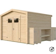 Gartenhaus aus Holz mit Doppeltür und integriertem seitlichen Anbau mit Regalfläche und Schrank. (Image AI modified or generated)