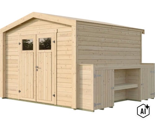 Gartenhaus aus Holz mit Doppeltür und integriertem seitlichen Anbau mit Regalfläche und Schrank. (Image AI modified or generated)