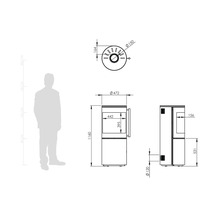 Technische Zeichnung eines Kaminofens mit Maßangaben in Millimetern und einem Größenvergleich zur menschlichen Gestalt.