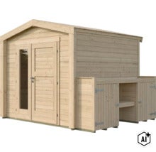 Gartenhaus aus Holz mit Doppeltür und integriertem Anbau mit Ablageflaeche und Schrank (Image AI modified or generated)
