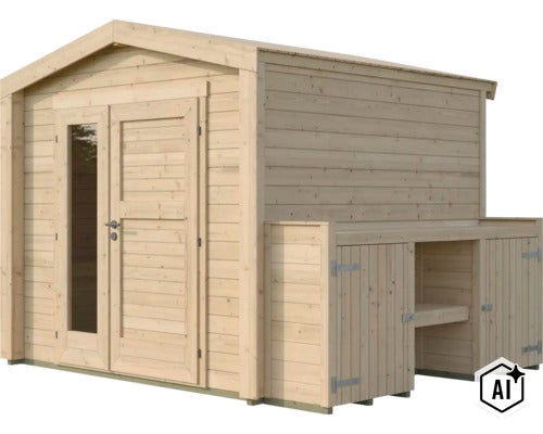 Gartenhaus aus Holz mit Doppeltür und integriertem Anbau mit Ablageflaeche und Schrank (Image AI modified or generated)