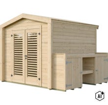 Gartenhaus aus Holz mit Doppeltür und seitlichem Anbau mit Ablageflaeche für Gartengeräte. (Image AI modified or generated)