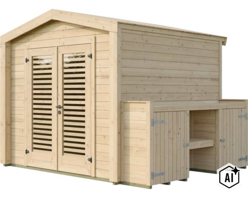 Gartenhaus aus Holz mit Doppeltür und seitlichem Anbau mit Ablageflaeche für Gartengeräte. (Image AI modified or generated)