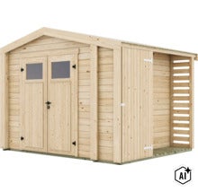 Gartenhaus aus Holz mit Doppeltür und integriertem Schleppdach als Unterstand. (Image AI modified or generated)
