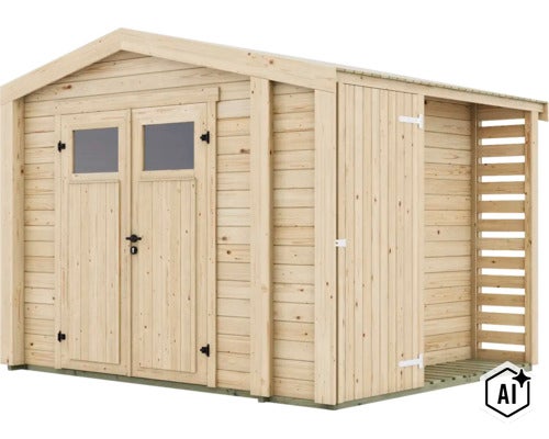Gartenhaus aus Holz mit Doppeltür und integriertem Schleppdach als Unterstand. (Image AI modified or generated)