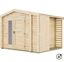 Gartenhaus aus Holz mit Doppeltür, Fenster und seitlichem Anbau für zusätzlichen Stauraum. (Image AI modified or generated)