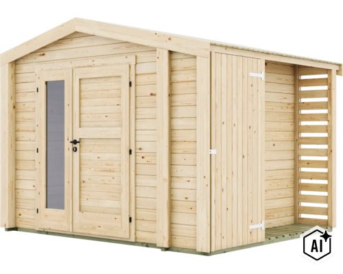 Gartenhaus aus Holz mit Doppeltür, Fenster und seitlichem Anbau für zusätzlichen Stauraum. (Image AI modified or generated)