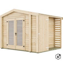 Gartenhaus aus Holz mit Doppeltür und integriertem Schleppdach als Unterstand (Image AI modified or generated)