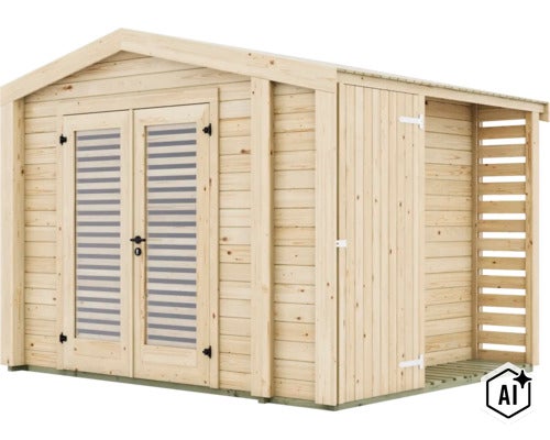 Gartenhaus aus Holz mit Doppeltür und integriertem Schleppdach als Unterstand (Image AI modified or generated)