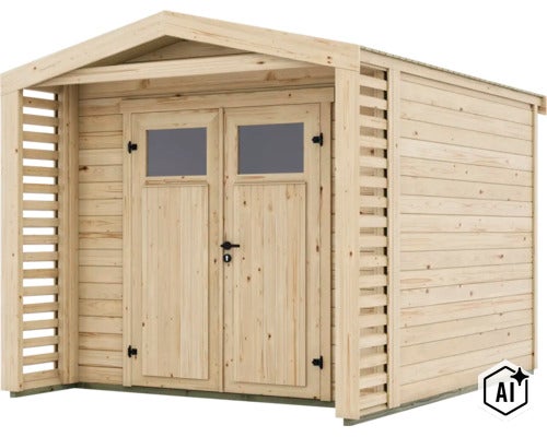 Modernes Gartenhaus aus Holz mit Doppeltür und integriertem seitlichen Sichtschutz bei natürlicher Optik. (Image AI modified or generated)
