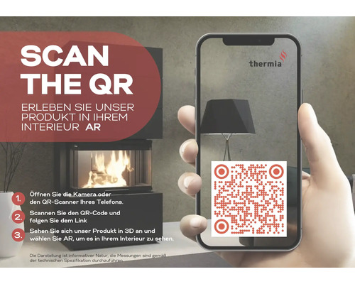 Smartphone zeigt einen Quick Response Code und Thermia Logo zur Visualisierung eines Kaminofens im Wohnraum mittels Augmented Reality.