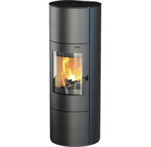 Moderner zylindrischer Kaminofen aus schwarzem Stahl mit großem Sichtfenster und brennendem Holzfeuer.