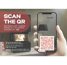 Smartphone mit QR-Code zur Augmented Reality Visualisierung eines Thermia Kamins in einem Wohnraum. Thermia Logo.