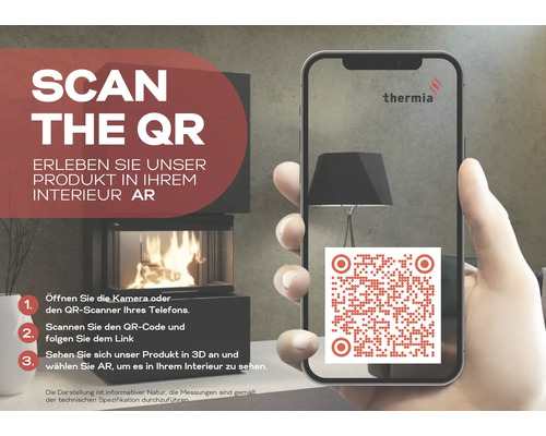 Smartphone mit QR-Code zur Augmented Reality Visualisierung eines Thermia Kamins in einem Wohnraum. Thermia Logo.