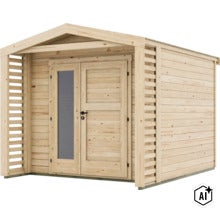 Gartenhaus aus Holz mit Satteldach, Doppeltür mit Glaseinsatz und seitlichen Lamellenwänden. (Image AI modified or generated)