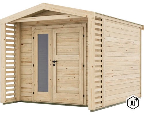 Gartenhaus aus Holz mit Satteldach, Doppeltür mit Glaseinsatz und seitlichen Lamellenwänden. (Image AI modified or generated)