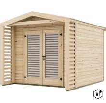 Gartenhaus aus Massivholz mit Doppelflügeltür und seitlichem Unterstand sowie Lamellenfenstern (Image AI modified or generated)