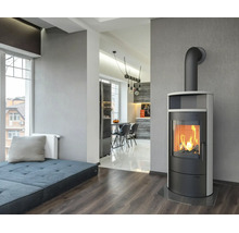 Moderner Kaminofen in einem geräumigen Wohnzimmer mit dunklem Holzboden und Blick in die Küche.
