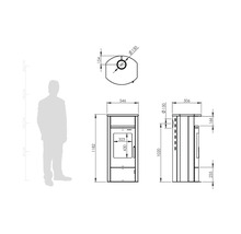 Maßzeichnung eines Kaminofens mit Angaben in Millimeter für Höhe, Breite, Tiefe und Rohrdurchmesser sowie einer Person als Größenvergleich.