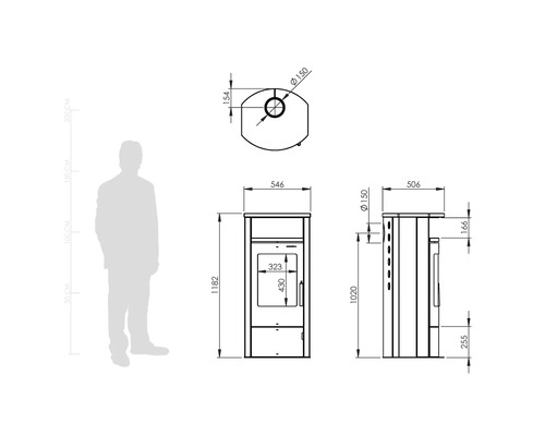 Maßzeichnung eines Kaminofens mit Angaben in Millimeter für Höhe, Breite, Tiefe und Rohrdurchmesser sowie einer Person als Größenvergleich.