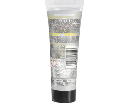 Rückseite einer 90 Gramm Tube Pattex Kleben statt Bohren Kristallklar mit Produktbeschreibungen und Gefahrenhinweisen.