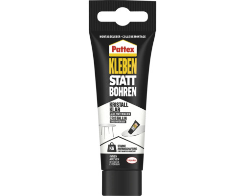 Pattex Montagekleber Kleben statt Bohren Kristallklar, Pattex Logo, Henkel Logo, starke Anfangshaftung, für alle Materialien, innen und außen.
