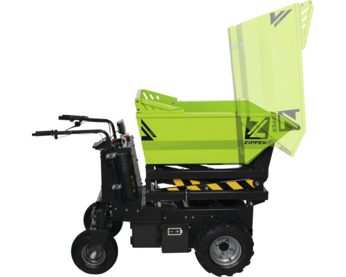 Grüner Zipper Elektro-Mini-Dumper mit Hub- und Kippfunktion, vier Rädern, Zipper Logo und schwarzem Fahrgestell.