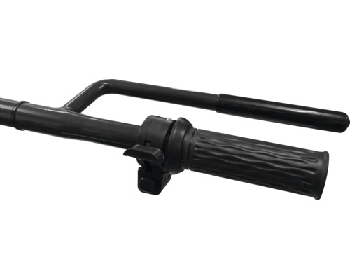 Schwarzer Handgriff mit strukturiertem Gummigriff und Daumenhebel für motorisierte Geräte.