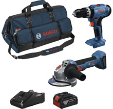 Bosch Werkzeug-Set mit Akku-Bohrschrauber, Winkelschleifer, 18 Volt Akku, Ladegerät und Werkzeugtasche.