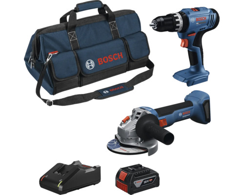 Bosch Werkzeug-Set mit Akku-Bohrschrauber, Winkelschleifer, 18 Volt Akku, Ladegerät und Werkzeugtasche.