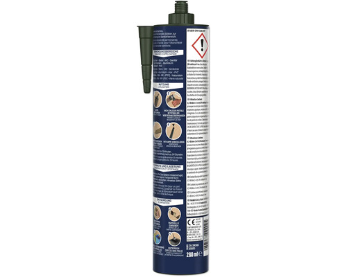 Sanitär-Silikon in der 280 Milliliter Kartusche mit Dosierdüse, Henkel Logo, Warnhinweisen und Anleitung für Bad und Toilette.