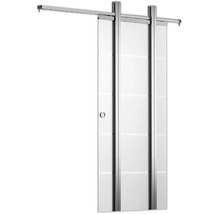 Schiebetür aus Glas mit horizontalen Streifen, silberfarbenes Schienensystem und Griffmuschel.