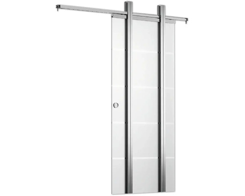 Schiebetürsystem aus Glas mit Metallschienen und einer runden Griffmuschel.