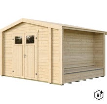 Gartenhaus aus Holz mit Doppeltür und integriertem Anbau mit Sitzbank für den Außenbereich (Image AI modified or generated)